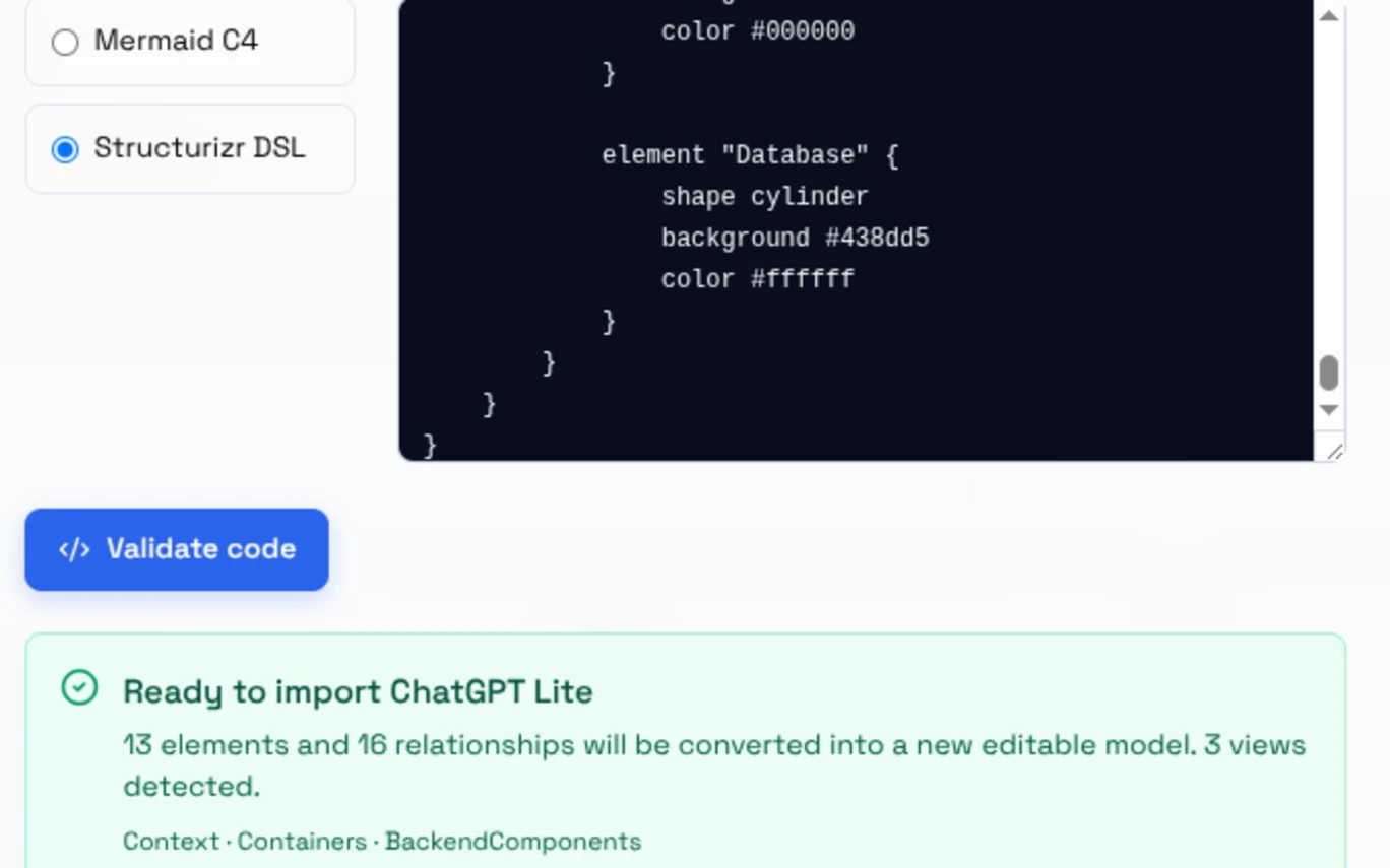 The Fourlayer import dialog validating pasted Structurizr DSL, reporting 13 elements and 16 relationships ready to import